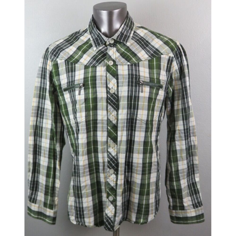 Mens JNCO Button Front Zipper Pocket Plaid Shirt Size‎ XXL Cotton Green White